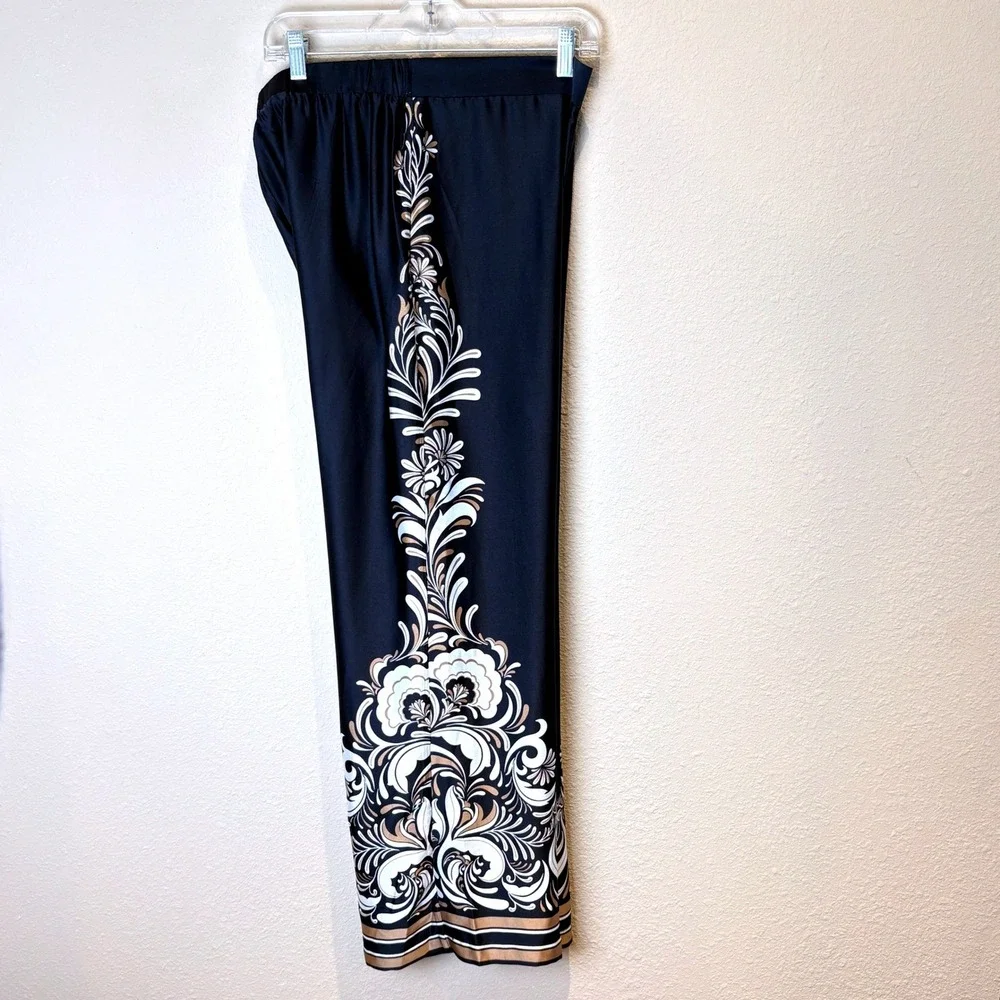 Ellen Tracy Womens Size M Black Gold Floral Wide Leg Satin Palazzo Pants